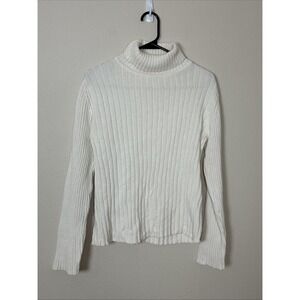 J Jill Womens Turtleneck Sweater  Cotton Ribbed  Cream Size Small has repair(B9)